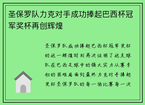 圣保罗队力克对手成功捧起巴西杯冠军奖杯再创辉煌 圣保罗队力克对手成功捧起巴西杯冠军奖杯再创辉煌