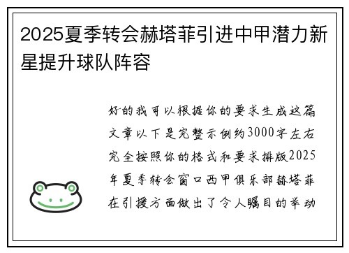 2025夏季转会赫塔菲引进中甲潜力新星提升球队阵容